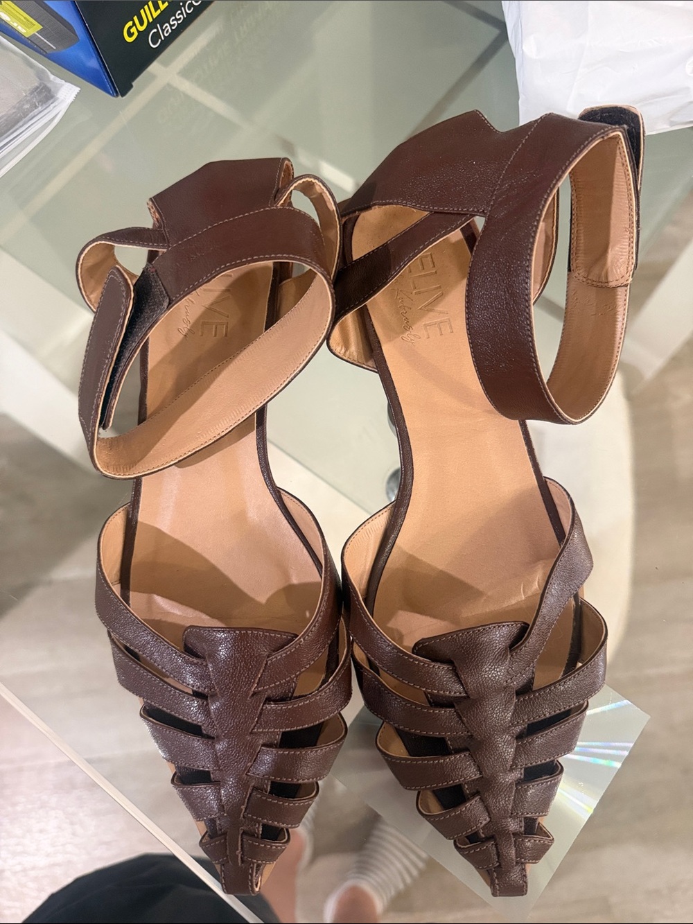 Women's Brown Leather Strappy Pointed-Toe Heels with Ankle Strap Brasilian style